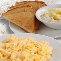 Kid'S Breakfast · Served with crispy hashbrowns or homestyle grits, and toast (Cal 350-370)