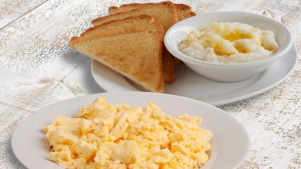 Kid'S Breakfast · Served with crispy hashbrowns or homestyle grits, and toast (Cal 350-370)