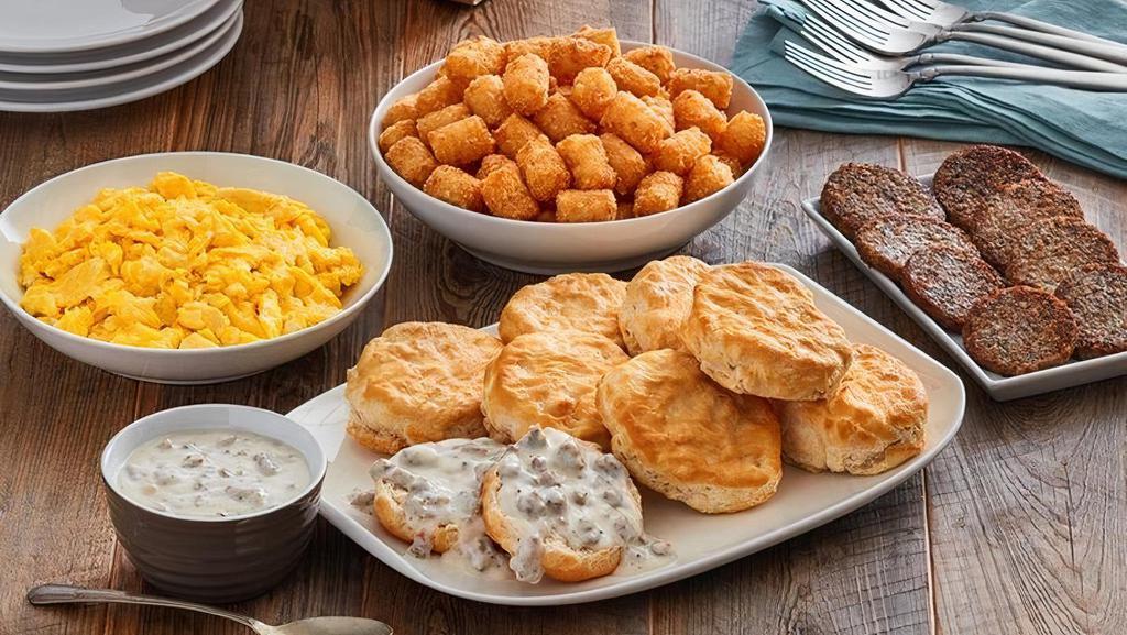 Biscuits And Gravy Family Meal · (4) Fluffy biscuits served with sausage gravy, choice of crispy Applewood bacon or country sausage, farm fresh scrambled eggs, and choice of grits, Hashbrowns or crispy tater tots.  Cal: 4260-6300