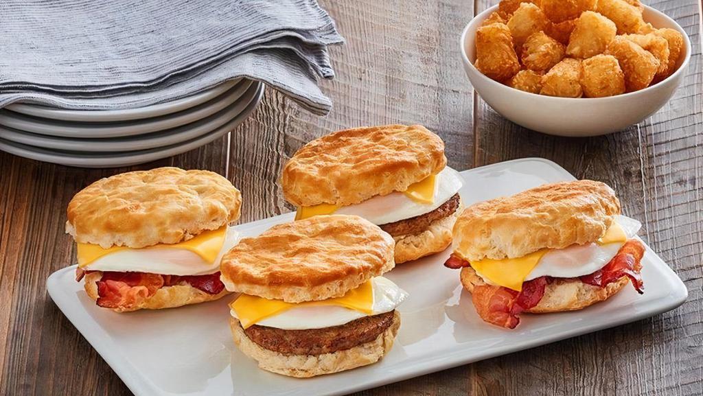 Biscuit Sandwich Family Meal · (4) Fluffy biscuits topped with a farm fresh egg, choice of bacon or sausage, and American cheese.   Cal: 1760-2600