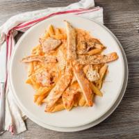 Penne Alla Vodka · Proscuitto, shallows, vodka, in a pink sauce.