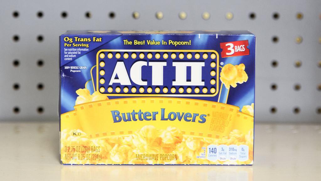 Act Ii Popcorn Butter Lovers · Act II popcorn adds whole grain and fiber to your diet while satisfying your popcorn craving. Pops up in minutes and is packed with flavor. Act II butter lovers popcorn is perfect for those who truly appreciate butter on their popcorn. Act II is the best value in popcorn. From family favorites to sweet and savory options, act ii's variety of flavors ensure there's a popcorn flavor everyone will love.