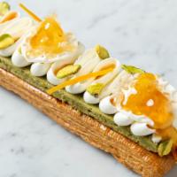 Honey Orange Blossom Pistachio Mille Feuille (Serves 2) · Crunchy puff pastry with whipped honey, soft pistachio biscuit, light orange blossom vanilla...