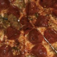 Hellfired · Classic red sauce, spicy chicken sausage, pickled jalapeños, crushed red pepper, pepperoni a...