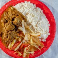Curry Goat · Comes with steam cabbage and plantains and choice of side