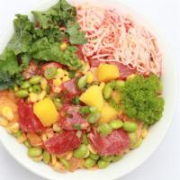 Hawaii Sunset · Spicy tuna, tuna, mango, edamame, sweet corn raw, poke special sauce, kani salad, green onio...