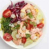 Seafood Harvest · Shrimp, scallop, cucumber, sweet corn, cherry tomato, poke special sauce, teriyaki sauce, se...