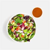 Greek Salad · A f*cking good Greek salad with mixed greens, red onion, tomatoes, cucumber, black olives, f...