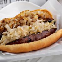 Bratwurst Dog Combo · Deep fried & grilled bratwurst sausage topped with kraut and grilled onion. Served with choi...
