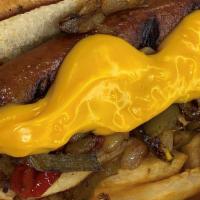 Philly Dog Combo · Beef hot dog topped with onions, peppers, and cheese sauce.  Protein, toppings, and sides ca...