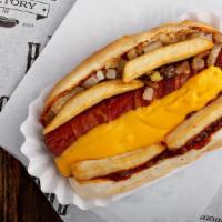 La Dog · Deep fried bacon wrapped 100% certified angus beef hot dog topped with chili cheese fries an...