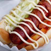 Blt Dog · Deep fried bacon wrapped 100% certified angus beef hot dog topped with lettuce, tomato, and ...