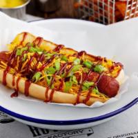 Memphis Dog Combo · Deep fried bacon wrapped 100% certified angus beef hot dog topped with shredded cheese, BBQ ...
