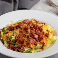 Factory House Salad · Fresh romaine lettuce with onion, tomatoes, grilled bacon, shredded cheese and your choice o...