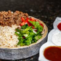 Gyro Over Rice Platter - Halal · Served with Gyro, Rice, Lettuce, and Tomatoes along with your Favorite Toppings and White an...