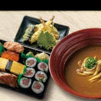 Nigiri Sushi & Tempura Set · Assortment of Nigiri Sushi, with a choice of full sized Udon and Shrimp Tempura Set!