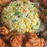 Chicken Platter (Fried) · Rice (biryani, yellow, or white). Side (mixed vegetable, cassava, or beans). Cassava contain...