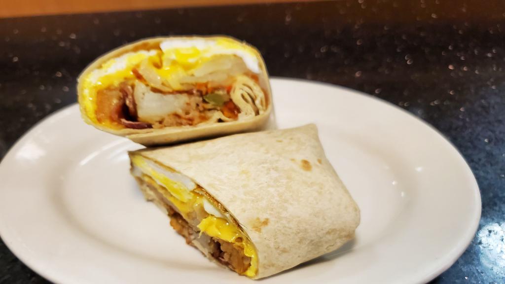American Wrap · Whole eggs, home fries, bacon & cheese