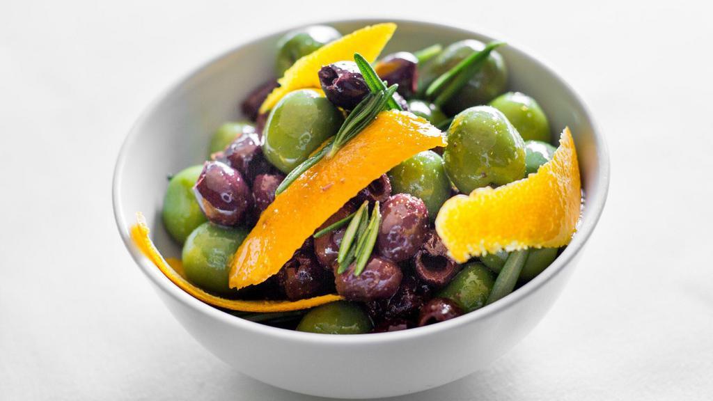 Marinated Olives · mixed olives, lemon, chile, garlic, rosemary