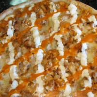 Buffalo Chicken Pizza · Buffalo chicken and mozzarella drizzled with ranch and buffalo sauce.