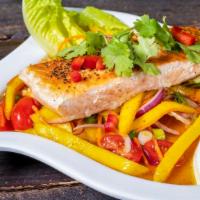 Salmon With Mango Salad 🧨 · Grilled salmon, mango, onion, scallion, carrot, tomato and in chili vinaigrette. Serve with ...
