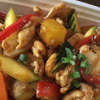 Chicken Cashew Nut · Sautéed with onion, carrot, red bell pepper, zucchini, pineapple, mushroom, cashew nut, and ...