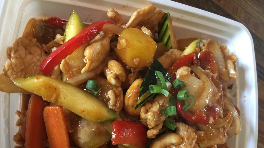 Chicken Cashew Nut · Sautéed with onion, carrot, red bell pepper, zucchini, pineapple, mushroom, cashew nut, and chili paste.