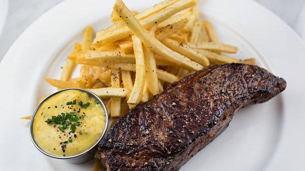 Steak Frites · NY Strip with French Fries and choice of sauce; Au poivre OR Garlic -Parsley.
