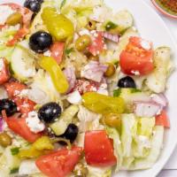 Greek House · Lettuce, tomato, cucumber, onion, olives, pepperoncini, feta and grilled pita.