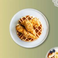Chunky Vegan Waffle · Gluten free vegan waffles with our juicy vegan chicken tenders served with a side of spicy m...
