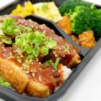 Korean Spicy Pork Belly Bento · Crispy and tender pork belly (5oz), glazed with a sweet and spicy Korean sauce, and has sesa...