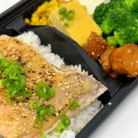 Miso Salmon Bento · 48-hour marinaded miso salmon (5oz) which is then poached to perfection and then charred to ...