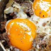 Kavurma On Eggs · Braised leamb with eggs.
Served with Turkish bread.