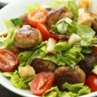 Vegan Meatballs Salad · Vegan meatball with spinach, peppers, onion, cucumber, boil egg, mushrooms, and Italian dres...