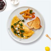 Greek Omelette · Eggs, feta cheese, tomatoes, and onion. Served with side of toast and home fries.