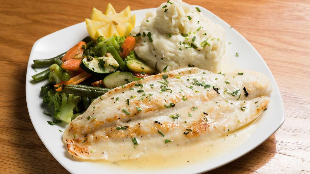 Broiled Bassa Provencale · Broiled herb white fish fillet served in a lemon and white wine sauce. Served with choice of starch and vegetables.