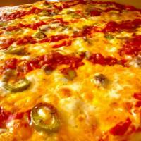 Mexican (1/2) · Mozzarella, cheddar, jalapeño peppers, ground beef & salsa:  The toppings that are pre-selec...