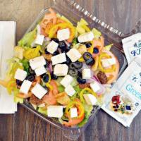 Greek Salad · Romaine lettuce, plum tomatoes, red onions, cucumbers, roasted pepper, Kalamata olives and f...