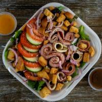 Antipasto Salad · Lettuce, onions, tomatoes, cucumbers, ham, provolone, pepperoni, salami, croutons with Itali...