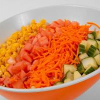 Healthy Salad · Iceberg lettuce ,Shredded carrots. Corn, Cucumber, Tomato.
