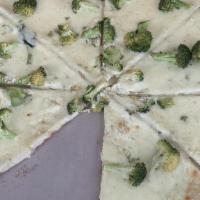 White Broccoli Pizza · Mozzarella and ricotta topped with broccoli.