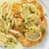 Chicken Francese · Egg battered chicken in a white wine sauce with lemon and garlic.