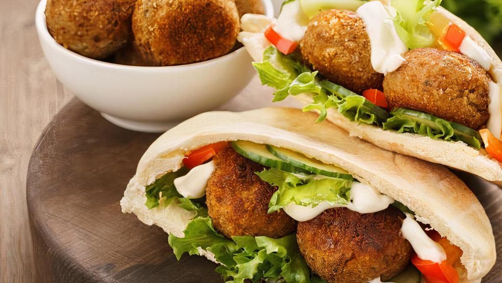 Falafel Sandwich · Comes in pita bread with salad and sauce.