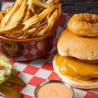 Bg'S Famous Burger · Angus beef, cheddar, onion rings, fries.