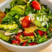 Fattoush Salad · Romaine lettuce, tomato, cucumber, red onion, radish, green pepper, sumac, fried pita, balsa...