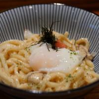 Creamy Mentai Udon · Onion, Mushroom, Spicy Cod Fish Roe, Poached Egg, Seaweed