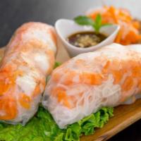 Shrimp Summer Rolls (2) · Poached shrimp, lettuce, rice noodles, pickled carrots and daikon, chives, cucumber, mint an...
