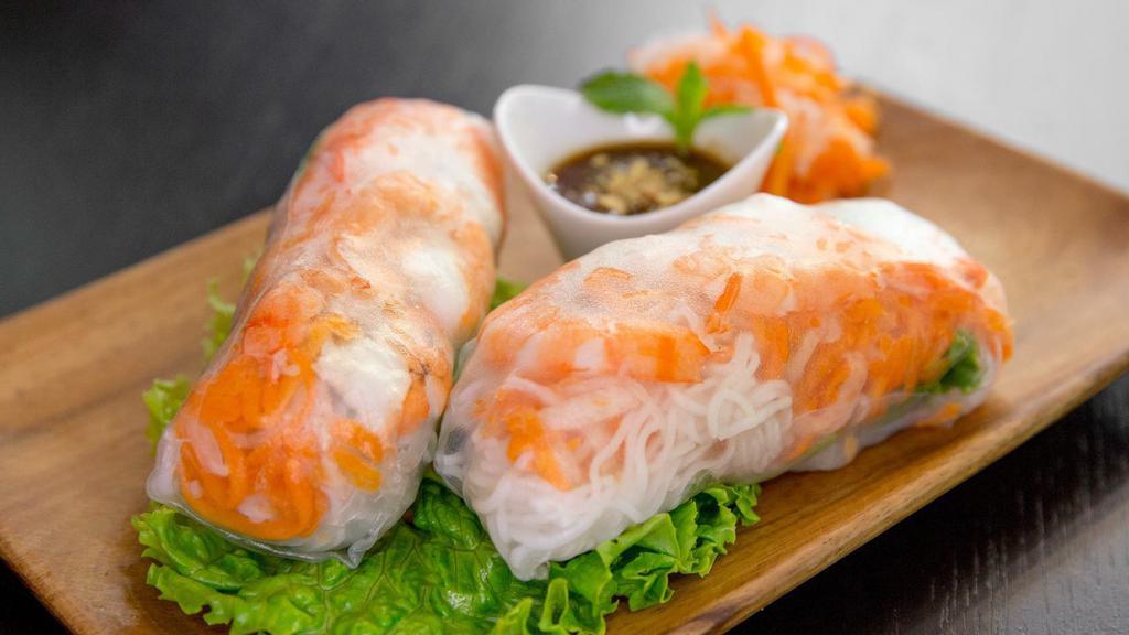 Shrimp Summer Rolls (2) · Poached shrimp, lettuce, rice noodles, pickled carrots and daikon, chives, cucumber, mint and bean sprouts. Served with a peanut hoisin dipping sauce.