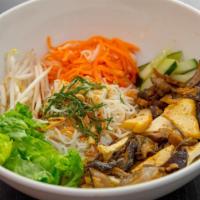 Vegan Bun Bowl · Braised shiitake and wood ear mushrooms and fried tofu.