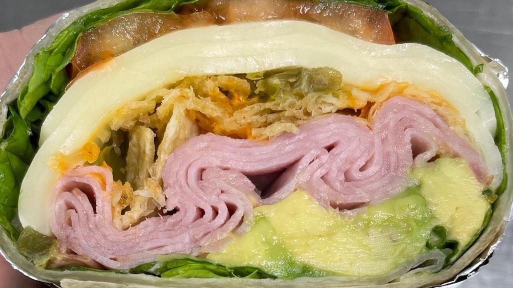 W Ham/Turkey Club · Your choice of sliced deli ham or turkey, provolone cheese, tortilla strips, green leaf lettuce, sliced avocado, tomato, pickled jalapenos and creamy chipotle. Don't forget to add some of our delicious Crispy Fries on the side!